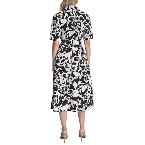 Image of DKNY Women's Short Sleeve Cotton Poplin Collared Midi Shirtdress