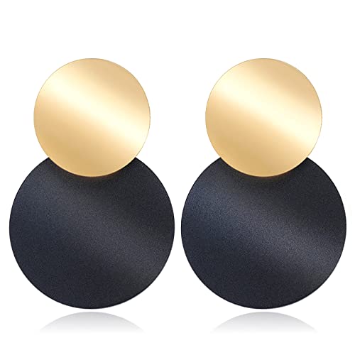 Trendy Black Round Metal Earring For Women Gold Shiny Smooth Long Drop Earrings Statement Jewelry Trendy For Women Girl Gifts Present Valentines Birthday Anniversary Mothers Day Christmas-Large Black #TOP14