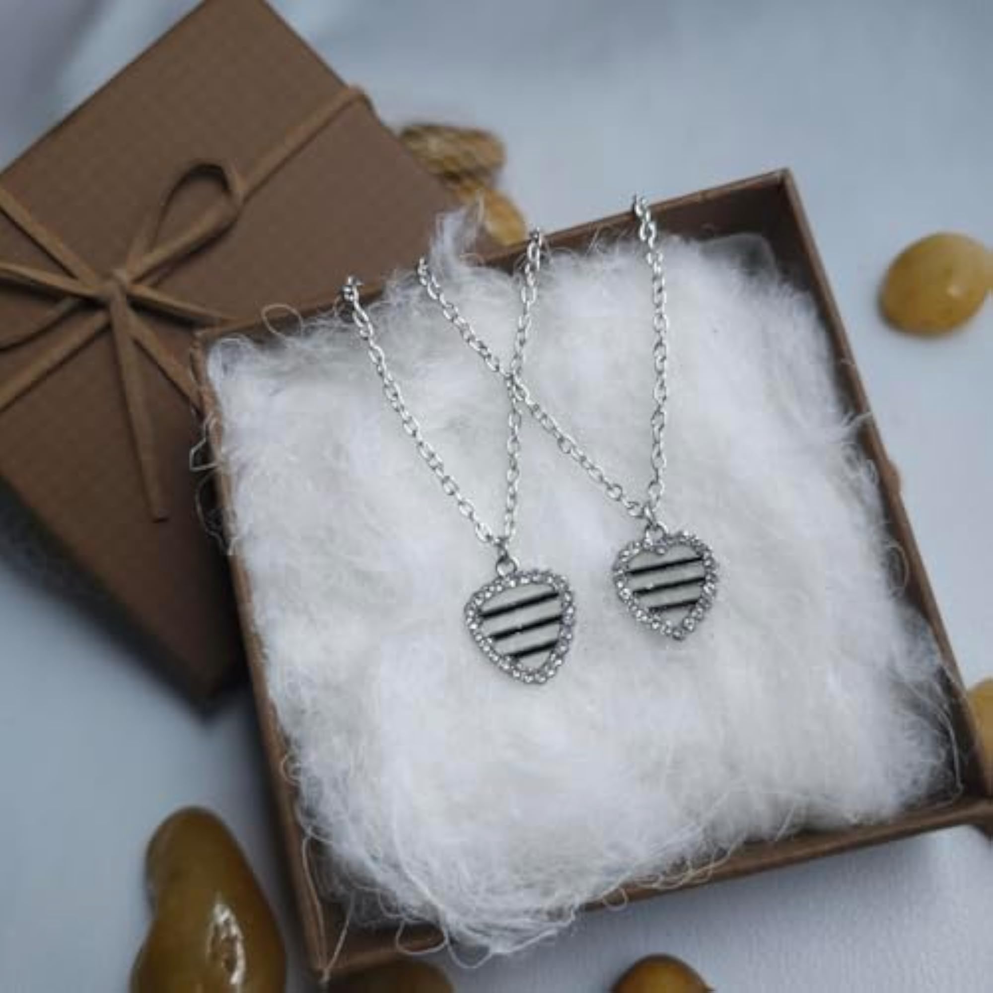 2 PCS Diamond Halo Pendant Necklace Set, Square & Heart Shape