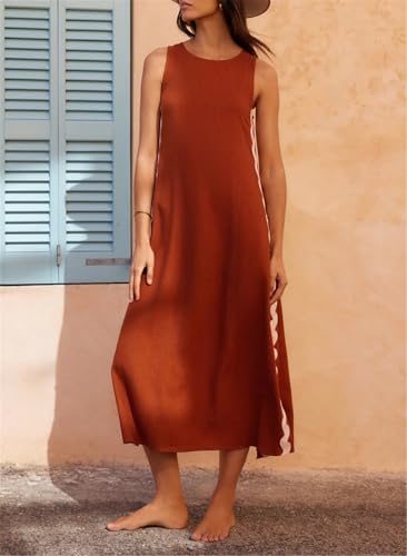 Women's Summer RIC Rac Sleeveless Maxi Dress Round Neck Side Split Scalloped Trim Beach Tank Dress2