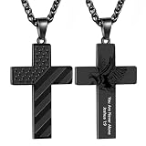 leejory Black Cross Necklace for Men Women Teens, 316L Stainless Steel Bible Verse American Flag & Eagle Pendant 20+2in Thick Wheat Chain, Christian Religious Baptism Graduation Gifts Prayer