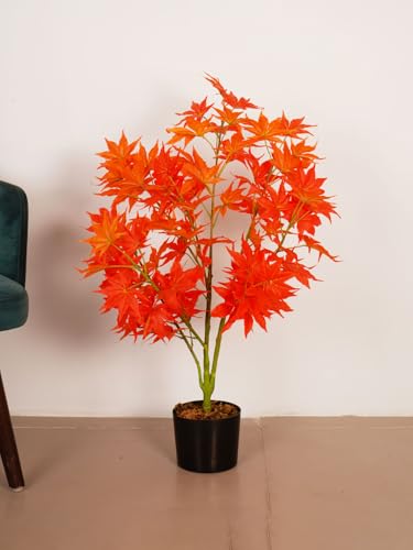Image of ARICK DECOR 2.8Ft Artificial Japanese Maple Tree in Pot, Realistic Faux Autumn Orange Maple Plant, Peacock Shaped Floor Decor for Home, Office & Balcony
