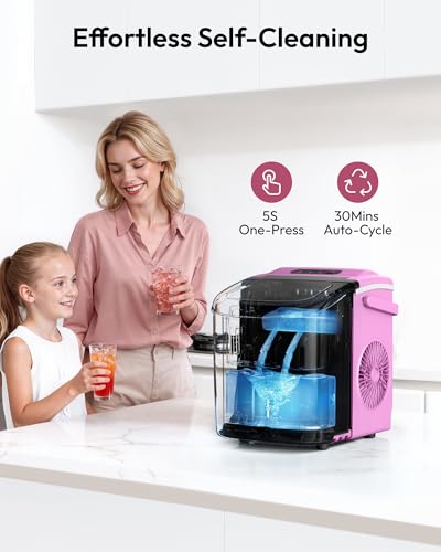 Image of EUHOMY Countertop Ice Maker Machine with Handle, 26lbs in 24Hrs, 9 Ice Cubes Ready in 6 Mins, Auto-Cleaning Portable Ice Maker with Basket and Scoop, for Home /Kitchen /Camping /RV. (Pink)