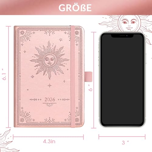 Taschenkalender 2026 - Kalender 2026 A6, Terminplaner 2026 A6 von Januar 2026 bis Dezember 2026, Wochenplaner 2026 mit Hardcover, 2 Lesezeichen, Stiftschlaufe, Pink