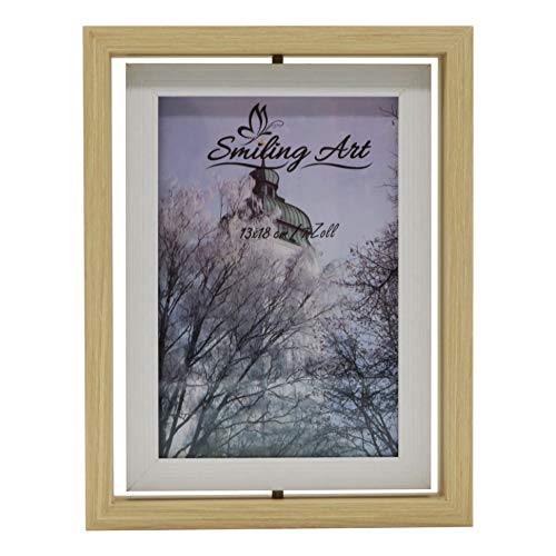 Smiling Art Marco para 2 fotos de madera MDF con cristal, giratorio, doble marco en formato apaisado y en formato retrato para ponerlo de pie (Beige + Blanco, 13 x 18 cm)