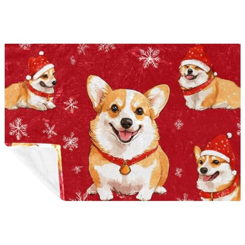 Plaid Corgi de Noël 150x100 cm en flanelle douce imprimé flocon