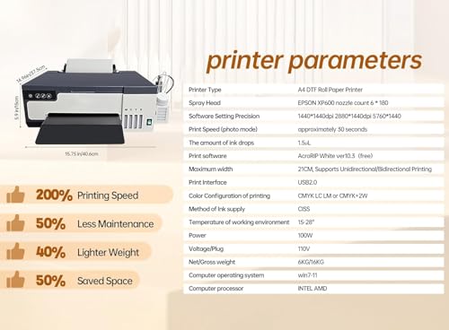 Image of A4 DTF Printer with Roll Feeder, XP600 Printhead 5760x1440DPI, DTF Transfer Printer Machine with Built-in White Ink Stirrer & Auto Cleaning, for T-Shirt Textile Printing (A4 Printer+Oven)