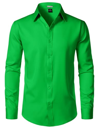 ZEROYAA Mens Wrinkle Free Long Sleeve Dress Shirt Business Casual Stretch Modern Slim Fit Button Down Shirts for Wedding and Office Green Large
