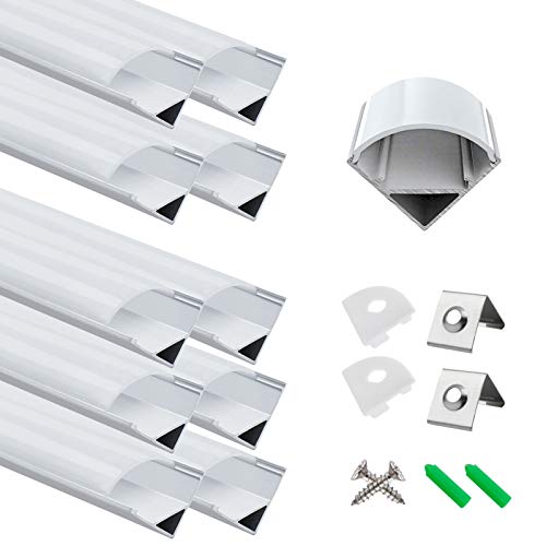 LightingWill 10-Pack LED Aluminum Profile, Strip Channel 3.3ft/1Meter Silver V-Shape Light Diffuser with Milky White Cover, End Caps and Mounting Clips V02