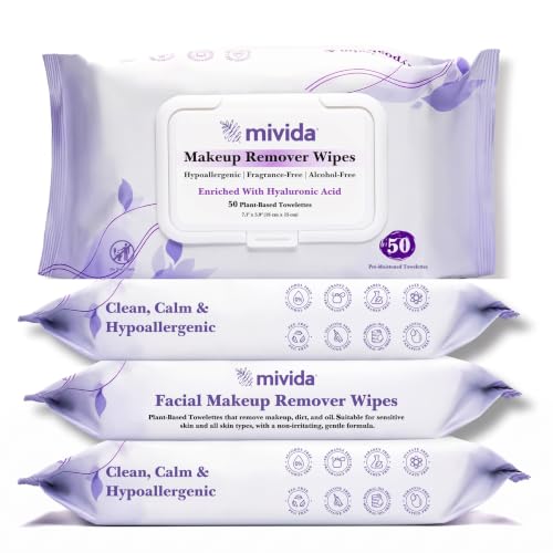 mivida Hypoallergenic Makeup Remover Wipes Bulk with Hyaluronic Acid, Dermatologist Tested, Alcohol & Fragrance Free Make Up Wipes for Sensitive Skin, Make Up Remover (4 Packs x 50 Wipes) 200ct