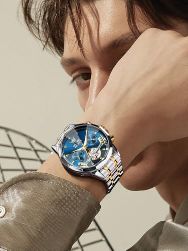 Image of OLEVS Men Automatic Watch Diamond Skeleton Mechanical Luxury Self Winding Moon Phase Calendar Waterproof Wrist Watch for Men