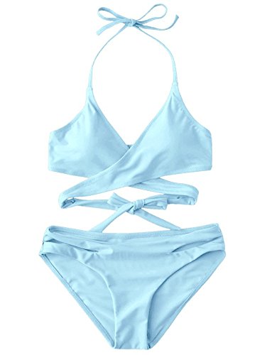 ZAFUL Women s Sexy Halter Wrap Bikini Cross-Cover Padded Swimsuits (Light Sky Blue L)