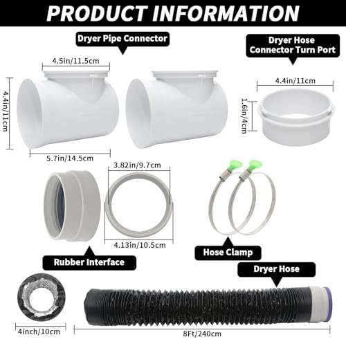 Image of 4 Inch 8 Ft Dryer Vent Hose Kit for Tight Spaces, 90 Elbow, 2 Key Clamps, 6-Ply Lightproof PVC Duct & Rubber Seals