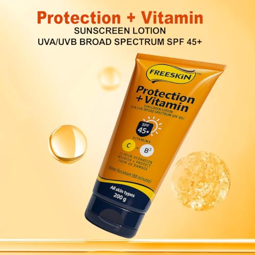 Image of Free Skin Protection + Vitamin Sunscreen Lotion SPF 45+ | Broad Spectrum UVA /UVB | Enriched with Vitamin C & B3 | 12 Hrs Hydration | Nourishes & Protects from UV Damage | All Skin Types | 200g