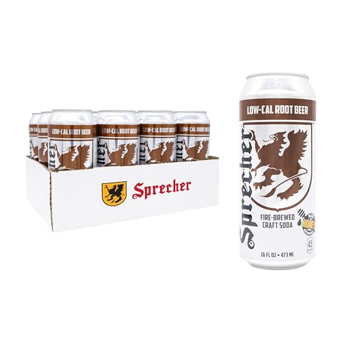 Sprecher Low Cal Root Beer Soda 16 fl oz Cans (12 Pack), Fire-Brewed Reduced Calorie Craft Soda with Real Honey, Caffeine-Free, Gluten Free, Kosher, Gourmet Soft Drink
