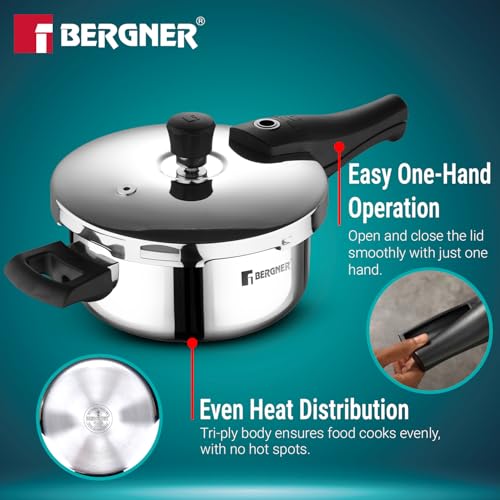 Image of Bergner Argent Elements Triply Stainless Steel 3.5 L Outer Lid Pressure Pan, Healthy Cooking, Even Heat Distribution, Sturdy Handle, Easy Lock System, Safety Gasket - Induction and Gas Stove Ready