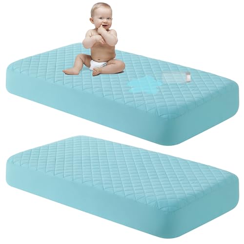 Image of NTBAY 2 Pack Waterproof Mini Crib Mattress Protector, Quilted 24"x38" Fitted Mattress Cover - Machine Washable - Soft and Breathable Baby Mattress Pad Sheet for Mini Crib and Baby Playards, Aqua