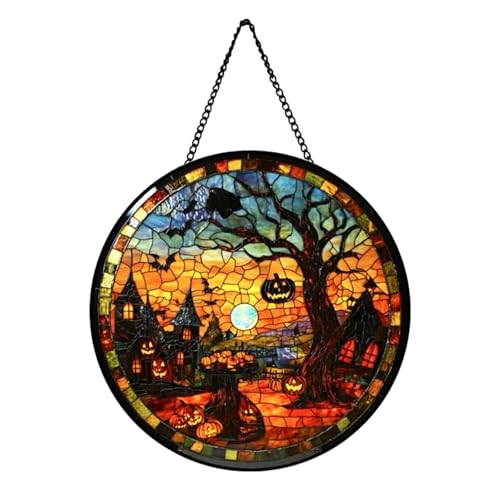 Halloween Stained Glass Window Hanging 7.8 Inch Round Suncatcher with Pumpkin Bat and Haunted House Handmade Glass Panel for Windows Halloween Decorations Home Decor and Gift for Women or Mom