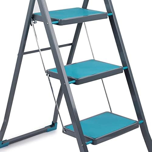 Beldray LA024510TQ 3 Step Ladder with Non-Slip Steps, Indoor and Outdoor, Durable and Sturdy, Approx 2.5 Metre Reach Height, Safety Clip, Easy to Store and Transport, Turquoise/Grey