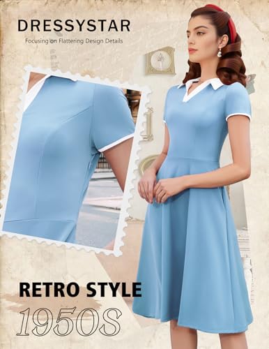 Dressystar Women V Neck 1950s Vintage Short Sleeves Dress Retro A Line Swing Rockabilly Cocktail Party Dresses with Pockets Blue L4