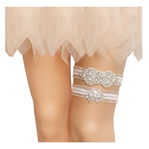 yanstar Wedding Bridal Garter White Stretch Lace Bridal Garter Sets with Silver Rhinestone Pearl for Wedding and Prom