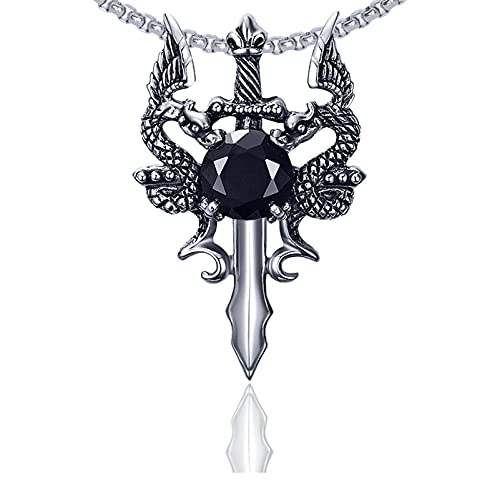 Xusamss Punk Titanium Steel Wing Dragon Crystal Pendant Sword Necklace,24inches Link Chain