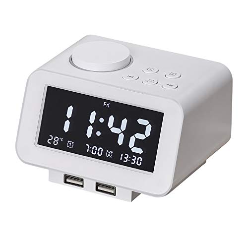 Led Digital Wecker, Radiowecker Bluetooth Mit Fm Radio, Dual-Alarm, Lautsprecher, Aux/Tf, Große Spiegel-anzeige 2 USB-ladeanschluss