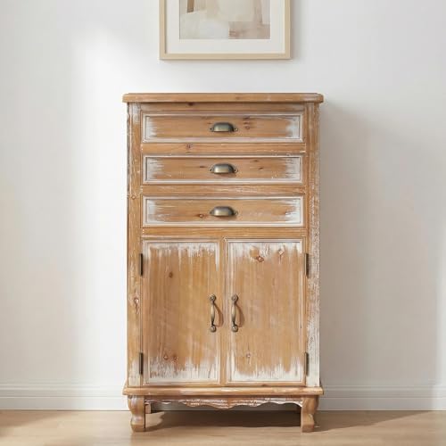 Image of LKTART 55 inch Tall Solid Wood Kitchen Pantry Storage Cabinet with Drawers | Solid Wood Frame;Farmhouse /French Country Narrow Corner Glass Display Cabinet;Narrow Storage Cabinet;Tall Accent Cabinet