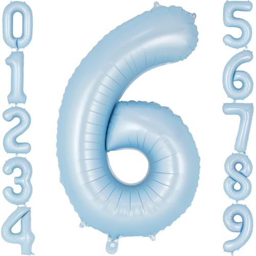 Image of Light Blue Number 6 Balloon, 40 Inch Big Large Foil Number Balloons, Giant Mylar Number 6 Balloons for 6 Year Old Birthday Baby Party Decorations Supplies Anniversary