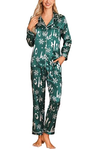 Samring Silk Long Sleeve Pajama Set Pjs Satin Christmas Button Down Pajamas Women Long Sleeve Pjs Green Snowflake Christmas S