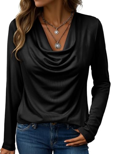 EVALESS Womens Tops Spring Long Sleeve Cowl Neck Shirts for Women Black Draped Shirts Comfortable Professional Teacher Outfits for Work Office Formal Business Casual Outfits Loose Fitted, XX-Large