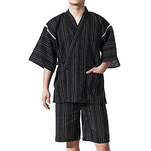 Hongh Men's Kimono Robe Summer Soft Shorts Nightgown Pajamas Short Sleeve Bathrobes Pockets Japanese Traditional Jinbei Outfit (20-10# Black, Xl) #TOP3