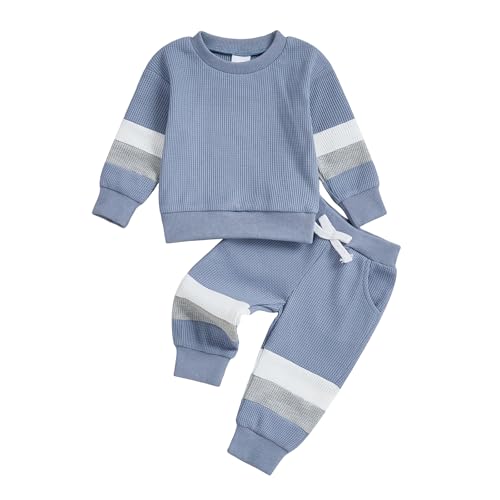 Toddler Boy Fall Outfits 2 Pcs Waffled Tracksuits Long Sleeve Round Neck Contrast Color Sweatshirt+Elastic Waist Long Pants With Pockets 2 Pcs Waffled Set Baby Boy Tracksuit (Blue, 2-3 Years)