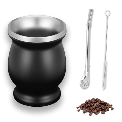 Companion Mug, Juego de té mate, juego de té de acero inoxidable, taza de mate de 260 ml, con cuchara de pajita y cepillo de limpieza, para té mate, café, leche y zumo (negro)
