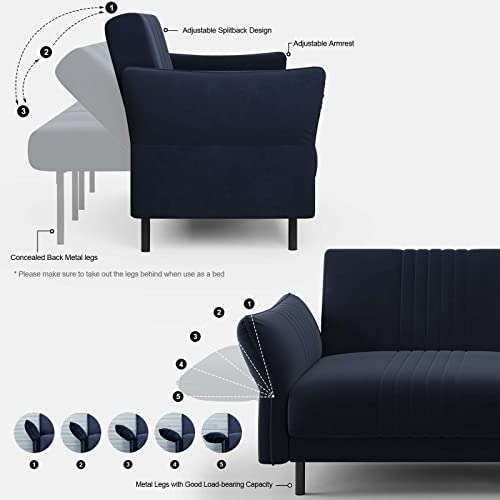 Belffin Velvet Futon Sofa Bed Convertible Futon Couch Upholstered Modern Sleeper Split Back Armrest Sofa Navy Blue #TOP4