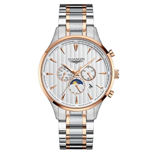 Guanqin Montre mécanique vintage multifonction à remontage automatique pour homme Saphir Jour ouvrable Date Phase de lune Lumineuse Étanche Montre Homme Bracelet en acier inoxydable ou en cuir, Blanc Guanqin Montre mécanique vintage multifonction à remontage automatique pour homme Saphir Jour ouvrable Date Phase de lune Lumineuse Étanche Montre Homme Bracelet en acier inoxydable ou en cuir, Blanc