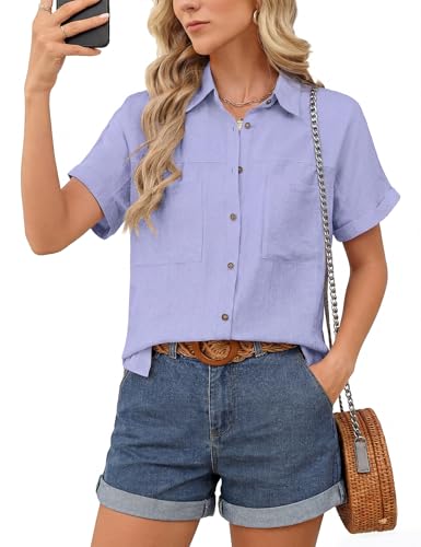 Kistore Women's Short Sleeve Button Down Shirt Linen Shirts for Women Cotton Button up Beach Vacation Gauze Tops with Pockets Purple L