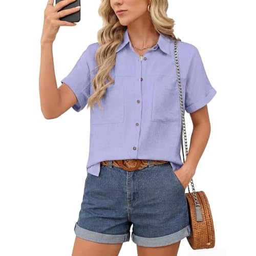 Button Down Shirt for Women Short Sleeve Blouses Dressy Casual Business Work Summer Vacation Tops Hawaii Shirts with Pockets