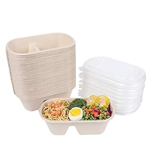 28OZ Disposable bowls with lids, 2 Compartment Compostable Sugarcane Fiber Food Container, Food Storage, 50 PACK