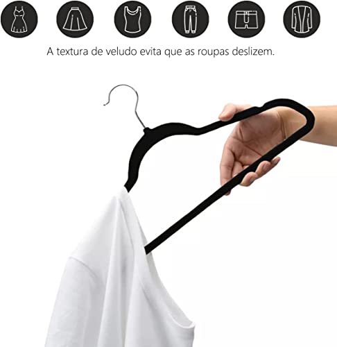 Jogo De Cabide Em Veludo Preto Antideslizante Slim Ultrafinos Haste Em Aco Cromado E Textura Aveluda