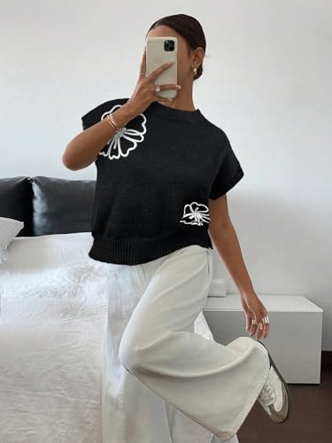 Image of SOLY HUX Women's Short Sleeve Sweater 3D Floral Sweaters Pullover Tank Tops Knit Vest Trendy Fashion Clothing
