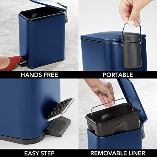 Mdesign Slim Metal Rectangle 1.3 Gallon Trash Can With Step Pedal, Easy-Close Lid, Removable Liner - Narrow Wastebasket Garbage Container Bin For Bathroom, Bedroom, Kitchen, Office - Navy Blue #TOP2