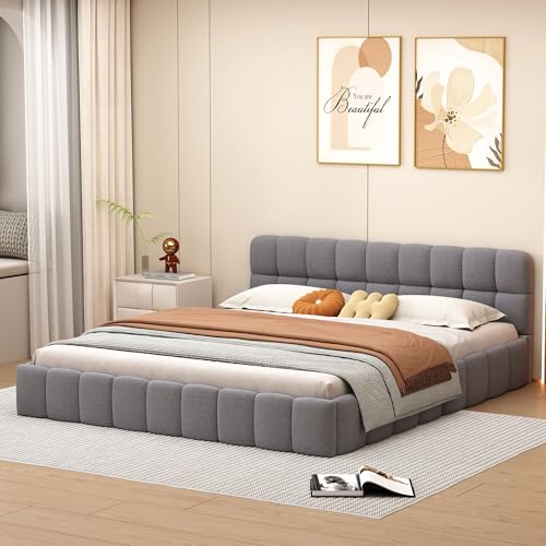 Polsterbett Bubble Bett 160x200 cm, Doppelbett mit Kopfteil, Jugendbett Bettgestell mit Lattenrost und Rückenlehne, Bodenbett Rückenlehne Bett, Flachbett Gästebett, Ohne Matratze, Leinen, Grau – Bild 4