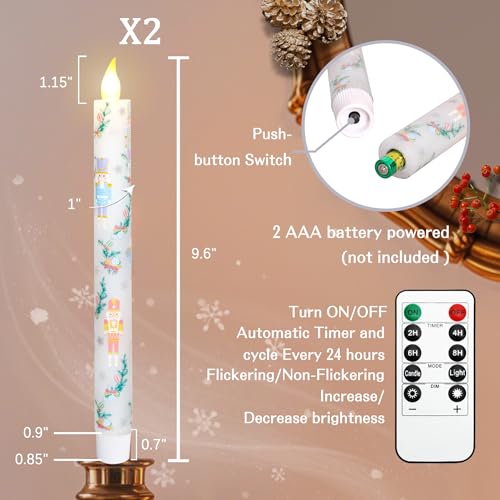 Image of Crystal Club Christmas Nutcracker Flameless Taper Candles with Remote & Timer, Battery Operated Taper Candles, Candy Colored Decal Real Wax Flickering LED Candlesticks for Holiday Christmas Home Decor