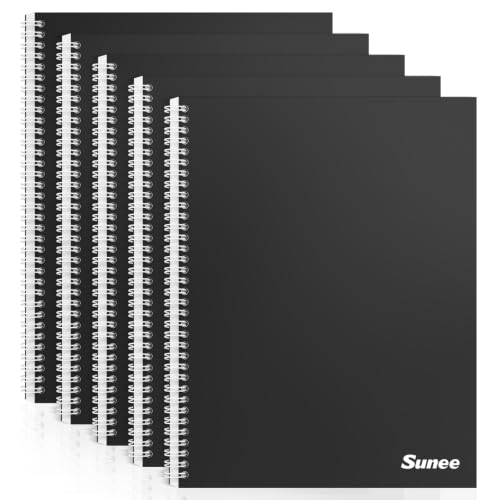 Image of SUNEE A4 Notebook, Pack of 5 Notepads, Wirebound Notebooks, 80gsm Premium Paper, 100 Sheets / 200 Pages, 8mm Lined with Margin, 4-Hole Punched and Perforated Edge, Black
