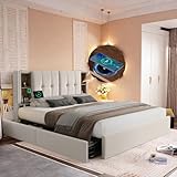 Tête de lit avec chargement sans fil & USB : connexions : il s'agit d'un nouveau lit rembourré qui combine deux fonctions : chargement sans fil, rangement. Avec quatre compartiments de rangement ouverts à la tête du lit et des ports de chargement à gauche et à droite, il convient à un foyer de deux personnes, à la fois en termes de charge et de design.