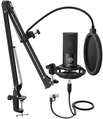 FIFINE T669 USB Condenser Mic Kit|Adjustable Scissor Arm Stand, Shock Mount, Dual Pop Filter|20kHz|Volume Knob|for PC Mac & Mobile (Adapter Needed)|Podcasting, Gaming, Singing & Live Streaming