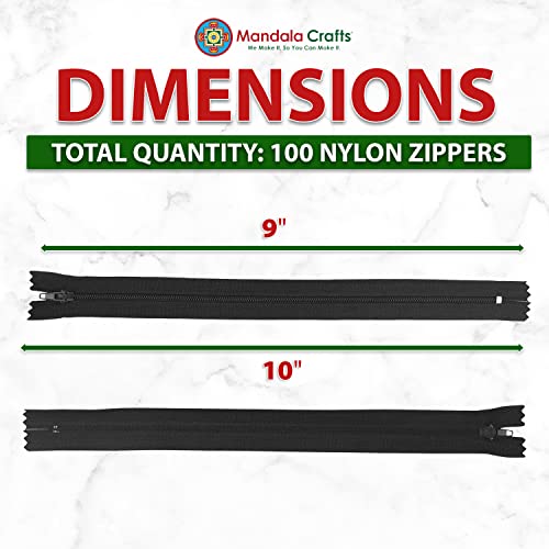Image of Mandala Crafts 100 PCs Assorted Closed-End 9 Inch Nylon Zippers for Sewing