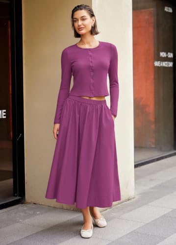 Image of Panadila Womens 2 Piece Lounge Sets Matching Vacation Outfits Ribbed Button Down Cardigan and Elastic Waist Skirt Sets