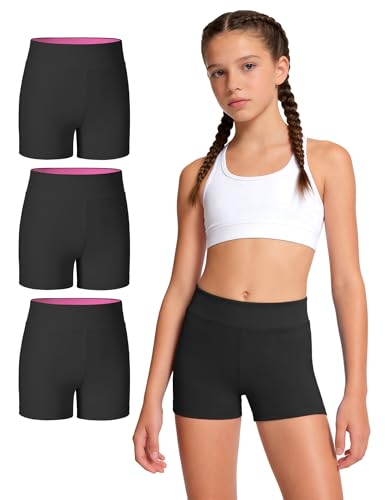 JOCMIC 3 Pack Girls Athletic Shorts Dance Gymnastics Yoga Running for Kids Black 7-8 Years